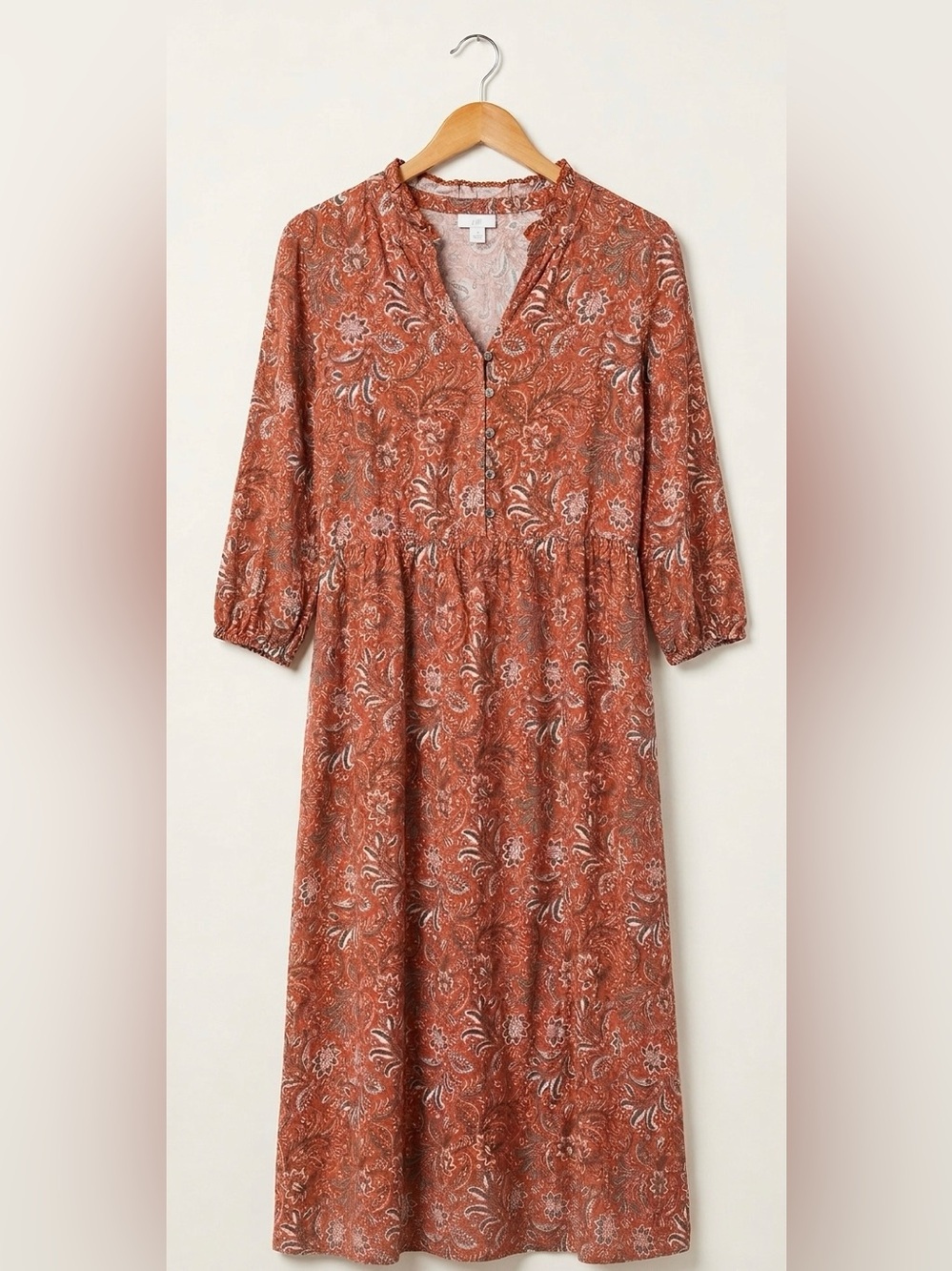 J.Jill Rust Orange Floral Paisley Button Front Midi Dress Pockets Size M